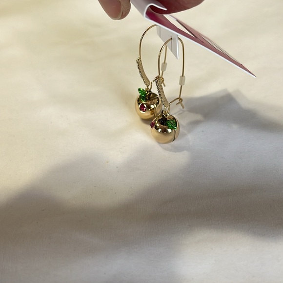 Betsey Johnson Apple Pave Shepherd Hook Earrings Goldtone crystal NWT - Picture 4 of 5
